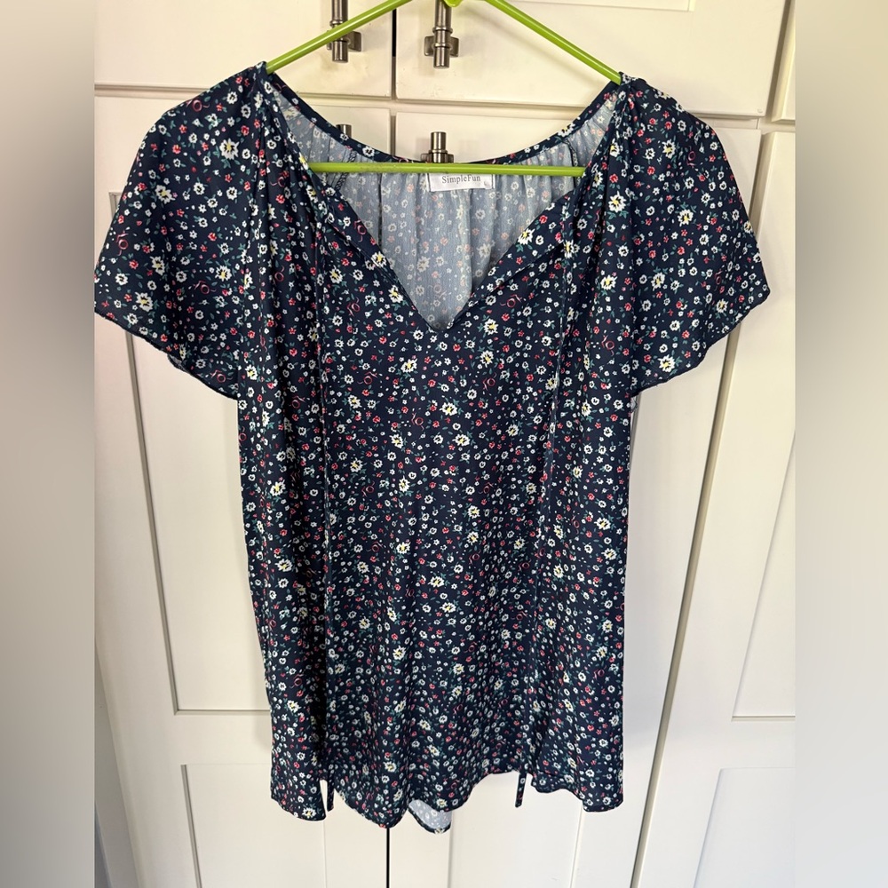 SimpleFun Women's Boho Floral V-Neck Short Sleeve Summer Blouse, Size Large